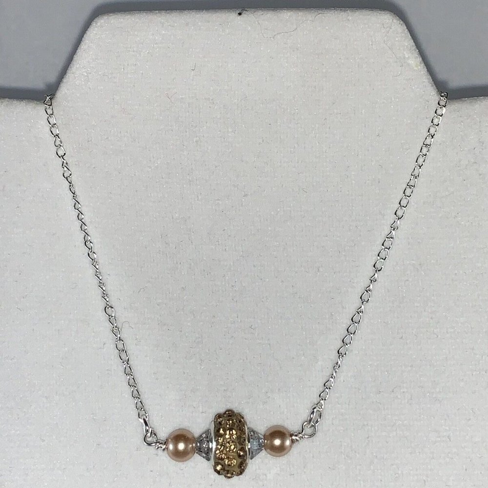 Child Size Silver Tone Trace Style Necklace With Yellow Crystal & Faux Pearls - Picture 1 of 3